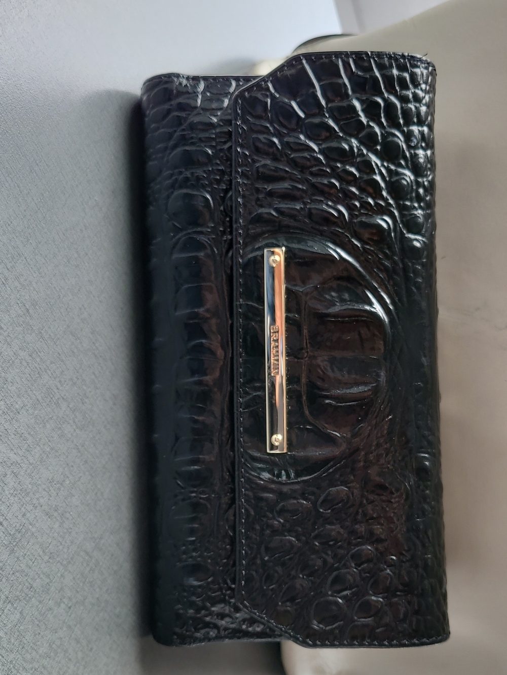 Brahmin- Black Croc-Embossed Leather Clutch Wallet with Gold Plaque
